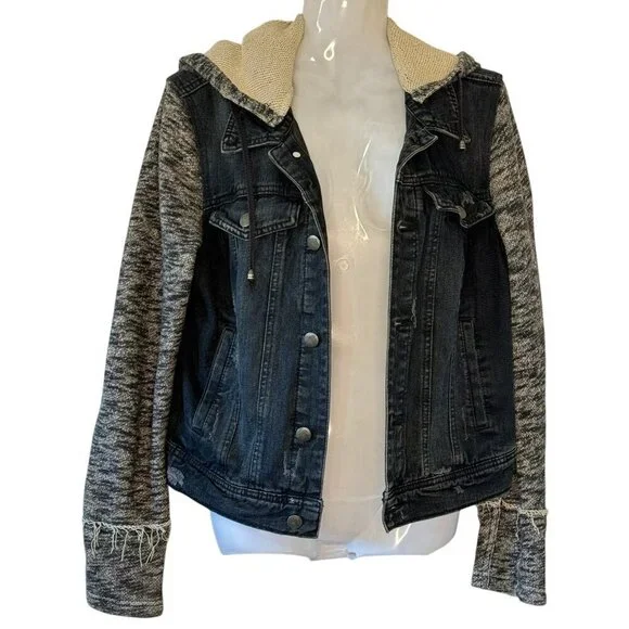Free People Knit Hooded Denim Jacket Pumice Black Size S Distressed Women’s - Picture 4 of 14